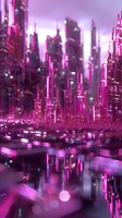 Futuristic cityscape with glowing pink neon skyscrapers reflected in water, featuring luminous geometric shapes and bokeh effects in a cyberpunk style atmosphere.