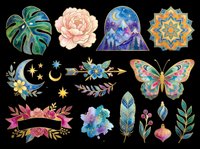 Boho botanical and celestial design elements collection isolated on transparent background. Ready for t-shirt designs, clipart, stickers, sublimation, print-on-demand products and digital crafts.