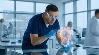 Male scientist in protective eyewear examining glowing molecular structure in modern laboratory with colleagues working in background during research.