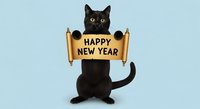 Black cat holding golden scroll with Happy New Year text on light blue background, isolated for greeting cards, calendars, and holiday design projects.