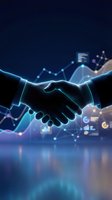 Business handshake with digital data visualization and financial charts representing partnership success and growth in modern corporate environment.