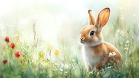 Sweet brown rabbit sitting in spring meadow among red poppies, yellow dandelions and white wildflowers against soft bokeh background. Digital art style.