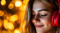 Young woman with closed eyes wearing red headphones smiling peacefully against warm golden bokeh lights background, expressing joy and relaxation while listening to music.
