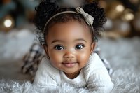 Adorable African American baby girl with curly hair in white sweater lying on fluffy rug, wearing silver bow headband. Natural light portrait with soft bokeh background.