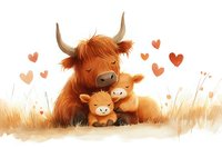 Adorable highland cow family illustration with mother and two calves surrounded by hearts in warm autumn colors against rustic meadow background.