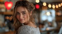 Young Caucasian woman with wavy blonde hair smiling warmly at camera in romantic evening setting with soft bokeh lights and heart-shaped decorations in background.
