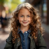 Young Caucasian girl with curly brown hair and bright blue eyes smiling warmly at camera, wearing green jacket and denim shirt, natural outdoor setting with soft bokeh background.