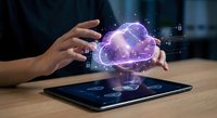 Hands interacting with glowing purple cloud computing hologram above tablet displaying digital transformation and data storage technology solutions.