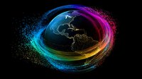 Digital Earth map with glowing rainbow light trails and particle effects swirling around globe against black background, showing Americas continents in luminous detail.