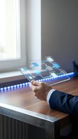 Male professional in dark business suit examining transparent digital interface with glowing blue LED lights and holographic data visualization on wooden desk near window.