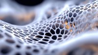 Futuristic abstract network structure with honeycomb pattern in white and gray tones, featuring organic cellular mesh design with depth and flowing curves.