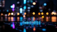 Glowing neon cityscape hologram with modern buildings and skyscrapers on dark reflective surface against blurred bokeh lights background.