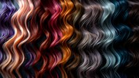 Vibrant wavy hair strands in multiple colors including purple, copper, red, silver, and teal create dynamic flowing pattern against dark background.
