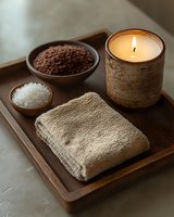 Spa wellness setup with lit candle, coffee scrub, sea salt and towel on wooden tray for relaxation and skincare treatments.