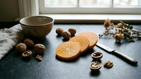 Sliced persimmon and walnuts arranged on a dark stone surface with a rustic bowl, knife, and dried flowers in soft natural light.
