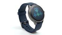 Smartwatch with dark navy silicone band displaying heart rate monitor and health tracking data on circular screen. Isolated on white background for design use.