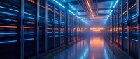 Modern data center server room with glowing LED lights and reflective floors for technology and cloud computing concepts.