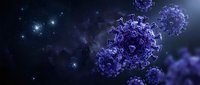 Purple coronavirus particles floating in dark space with glowing stars for medical education and scientific research presentations.