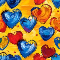 Vibrant hearts in red, blue and orange painted with expressive brushstrokes on yellow background create seamless pattern for Valentine's Day designs and celebrations.