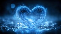 Magical glowing heart shape formed by water splash and sparkles against dark background with bokeh lights, romantic blue fantasy composition.