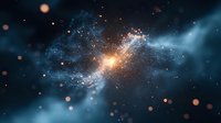 Cosmic explosion in deep space with glowing orange light burst and blue nebula clouds, stars scattered across dark universe background.