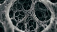 Macro close-up of cellular structure with intricate honeycomb pattern and fibrous network. Scientific visualization suitable for medical, educational, and research presentations.