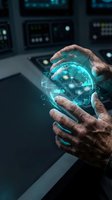 Mature male professional holding glowing digital globe with network connections in high-tech control room environment, representing global technology, data connectivity, and innovation.