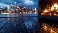 Cozy fireplace with burning flames next to rain-soaked wooden deck overlooking blurred city skyline at dusk. Warm indoor comfort contrasts stormy weather outside.