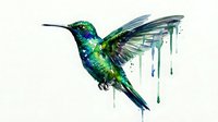 Watercolor hummingbird with vibrant green and blue plumage in flight, featuring artistic paint drips and splatters on white background for creative projects.