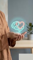 Person wearing terracotta linen shirt holding glowing neon brain and heart symbol in open palm, representing mental health awareness and emotional intelligence concept for wellness and psychology.
