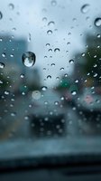 Raindrops on car windshield with blurred traffic and city street in background creating atmospheric weather driving conditions and road safety concept.