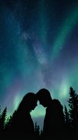 Silhouetted couple touching foreheads under vibrant aurora borealis and starry night sky with evergreen forest below, capturing romantic moment beneath northern lights for travel and relationship concepts.