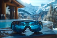 Blue ski goggles with mountain landscape reflection on wooden deck by infinity pool at luxury alpine resort during winter season.