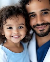 Happy Middle Eastern father and mixed-race daughter smiling together in close portrait showing family bond, parenting love and multicultural relationship.