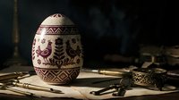 Traditional Ukrainian pysanka Easter egg with folk art patterns featuring roosters and floral motifs on wooden table with vintage tools for holiday decoration.