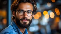 Young bearded man in glasses and denim shirt smiling at camera with warm bokeh lights in background, expressing confidence and friendliness. Professional portrait.
