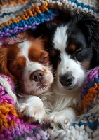 Two sleeping Cavalier King Charles Spaniel dogs cuddled together under colorful knitted blanket, close-up portrait showing peaceful expressions and soft fur.