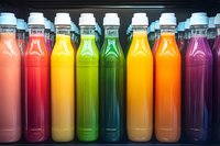 Colorful assorted beverages in plastic bottles arranged in a row, featuring vibrant red, yellow, green, and purple drinks. Suitable for beverage marketing, retail displays, and refreshment promotions.