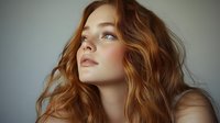 Young Caucasian woman with wavy auburn hair looking up thoughtfully against soft gray background. Natural beauty portrait for wellness and lifestyle.