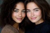 Two young diverse women friends embracing and smiling warmly at camera showing genuine friendship and connection in natural lighting portrait.