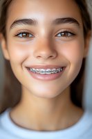 Smiling young Hispanic teen wearing dental braces shows confident expression with natural makeup and clear skin, representing orthodontic care and youth wellness.