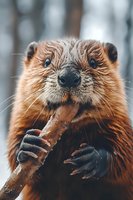 Adorable beaver holding wooden stick with tiny paws, showcasing natural wildlife behavior and cute animal expression in forest habitat.
