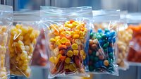 Colorful candy in clear plastic bags displayed in row, featuring yellow and orange gummy sweets. Focus on center bag with soft blur effect creates appetizing retail view.