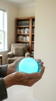Elderly hands holding glowing turquoise orb in cozy home library setting with bookshelf and armchair creating magical atmosphere for wellness concepts.