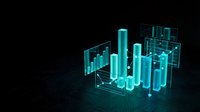 Futuristic holographic data visualization with glowing cyan charts and graphs floating in digital space for business analytics and technology presentations.