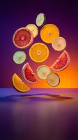 Fresh citrus fruit slices floating above colorful gradient surface with orange grapefruit lime lemon creating dynamic composition for healthy lifestyle content.
