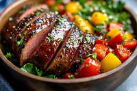 Sliced medium rare duck breast with honey glaze and sesame seeds served in wooden bowl with fresh colorful bell peppers and herbs garnish. Close up food photography.