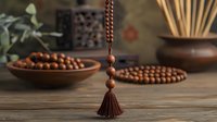 Wooden prayer beads with brown tassel on rustic table, clay bowls and aromatherapy diffuser in background create zen meditation atmosphere for mindfulness practice.