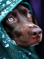 Chocolate Labrador with bright blue eyes peeks through emerald green fabric with water droplets, creating mysterious and enchanting pet portrait.