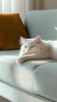 White Persian cat lounging on light blue couch in sunlight, with brown cushion in background, creating cozy home atmosphere for lifestyle and pet photography.